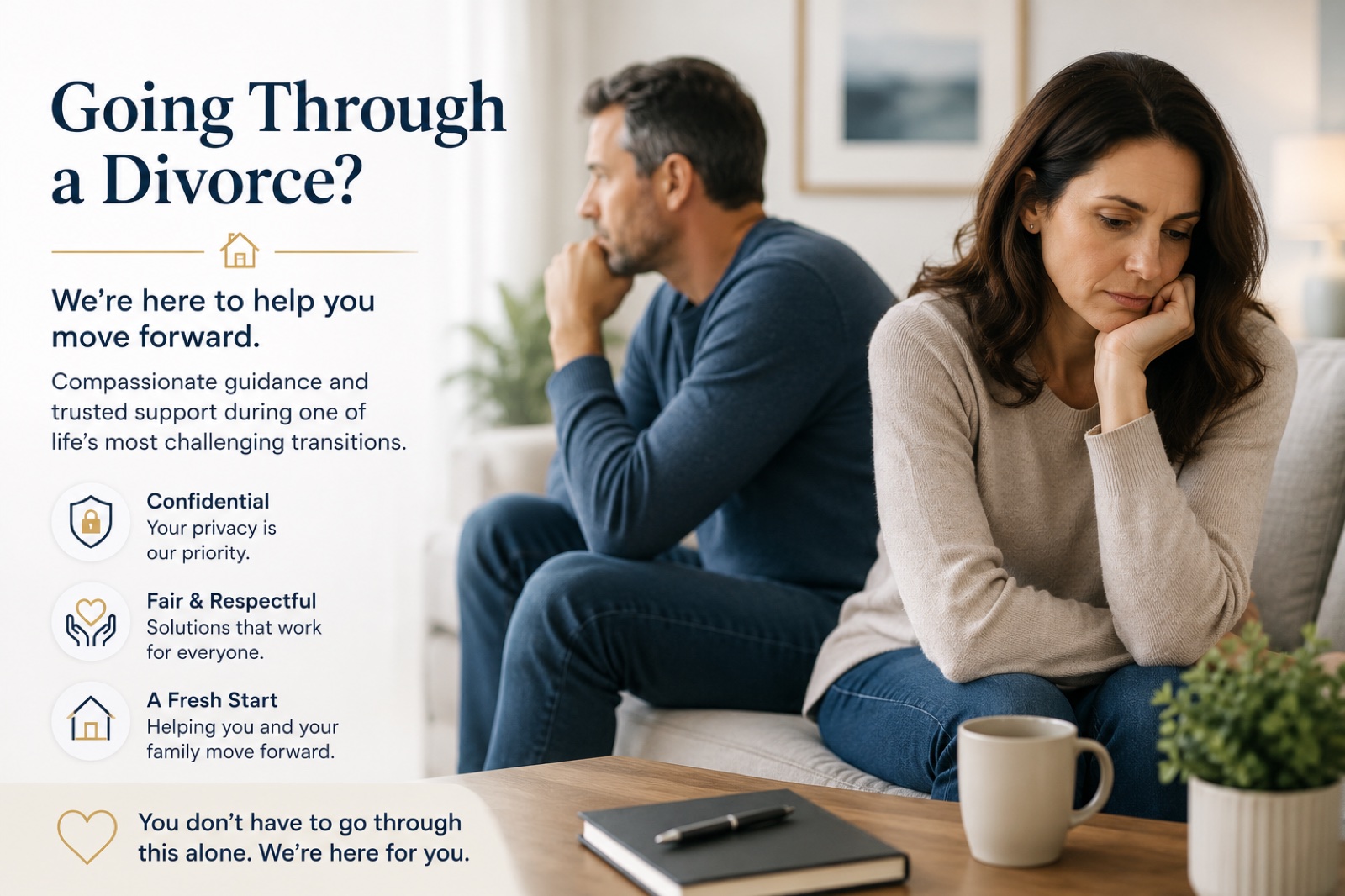 A quiet, contemplative moment — the kind of decision space a divorcing homeowner sits in before deciding what to do with the family home