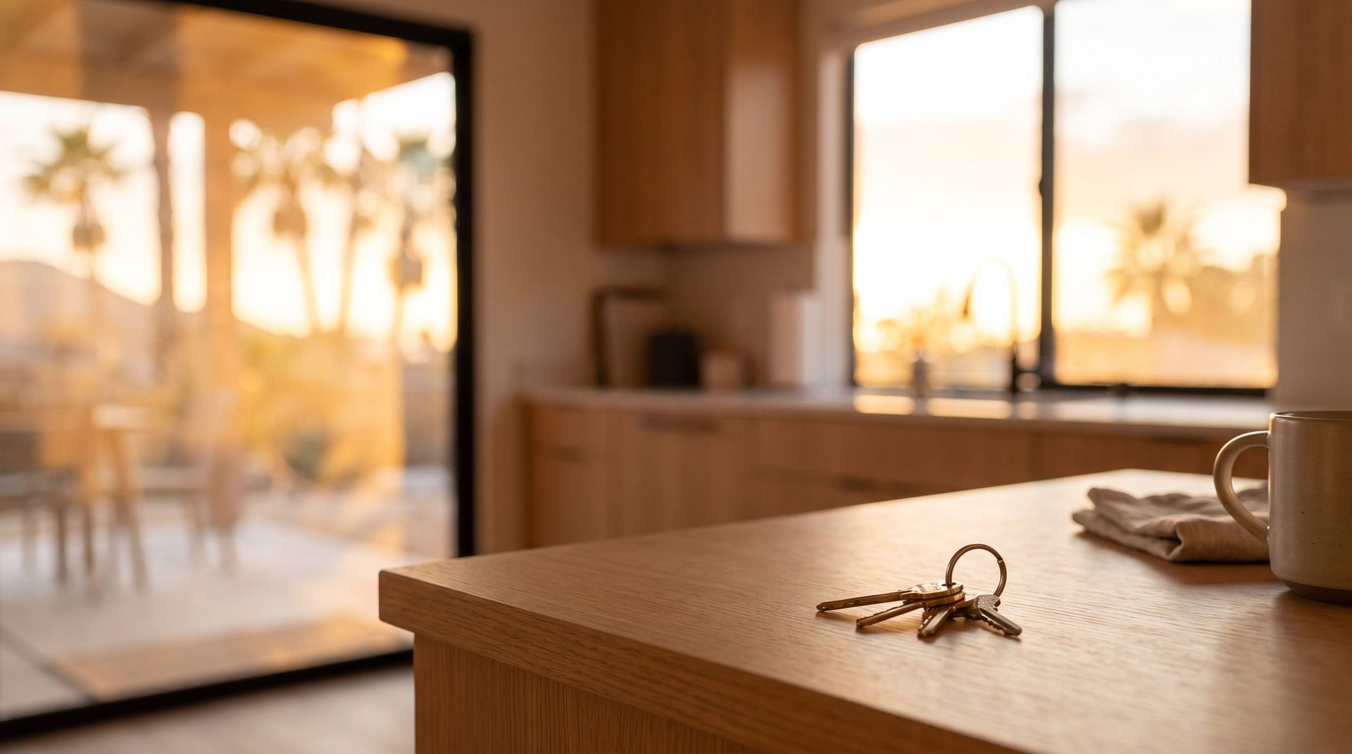 House keys on a kitchen counter in golden-hour light in a Southern California home