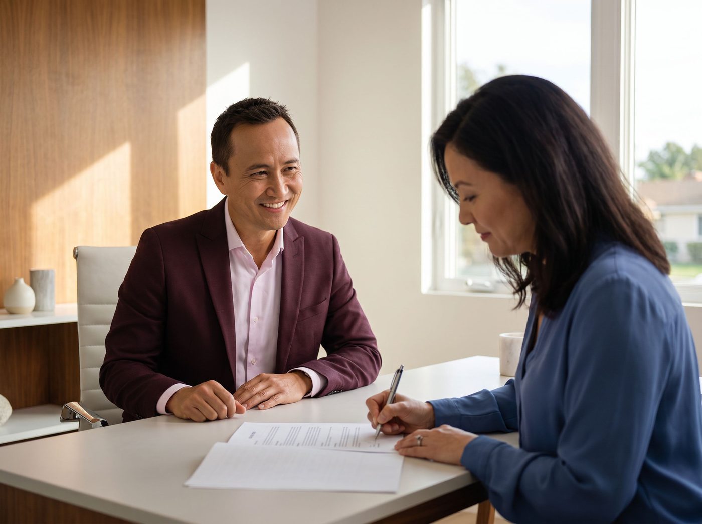 A homeowner signing refinance documents across the desk from Kiri Suykry in a bright office