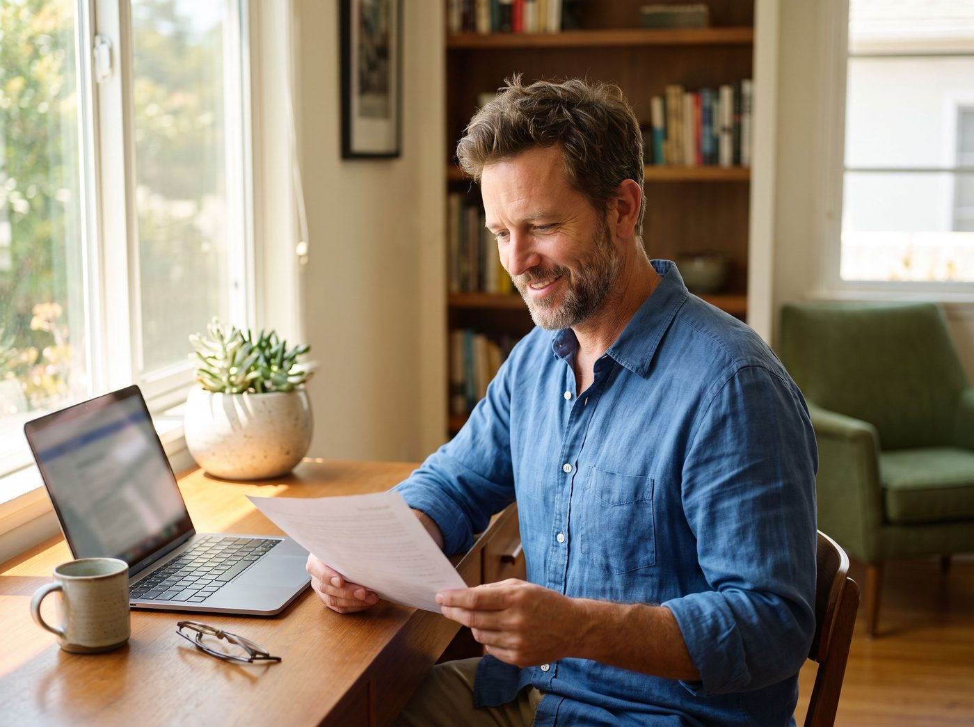 A man at a home desk reviewing his finances confidently in morning light