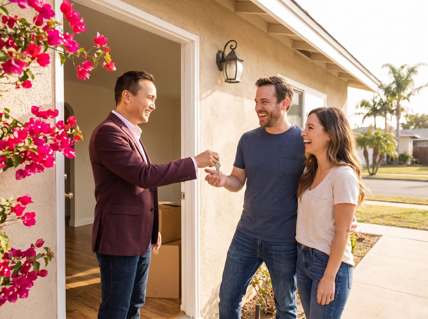 Kiri Suykry handing keys to a smiling couple at the front door of their new home, moving boxes inside