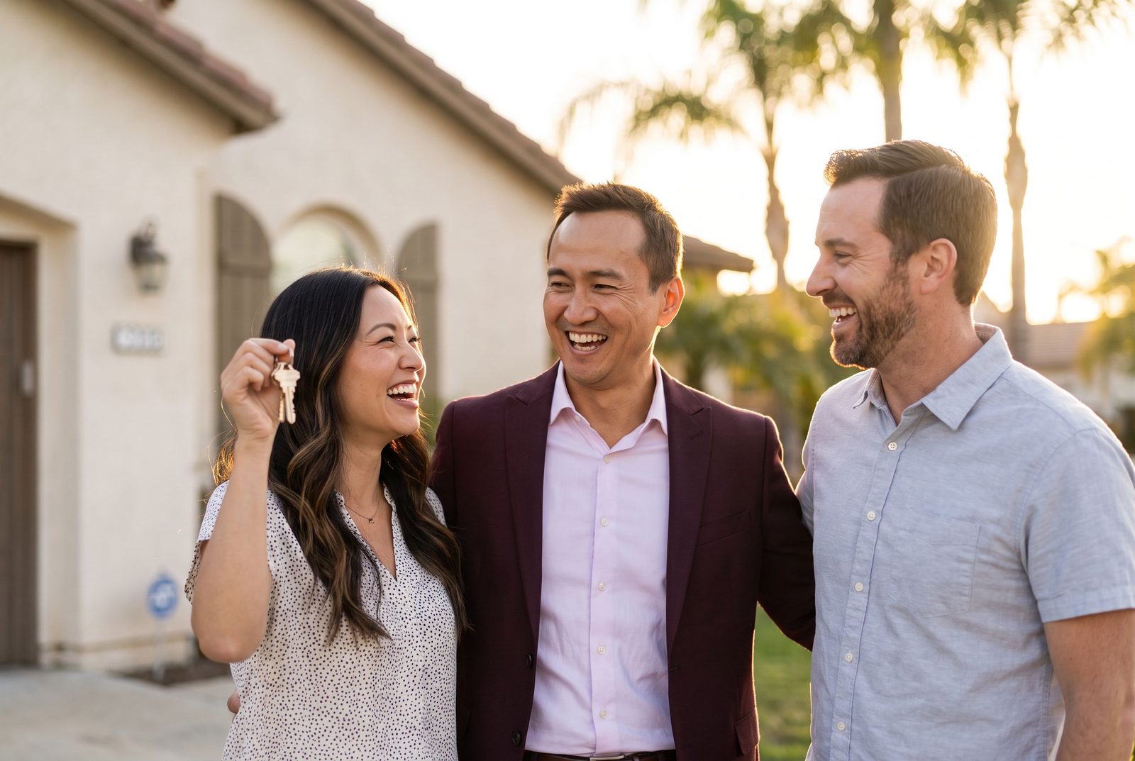 Kiri Suykry laughing with a happy couple in front of their Southern California home, the woman holding up a new set of keys