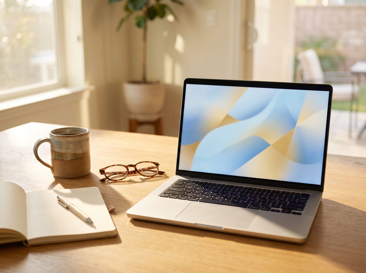 Laptop with a generic loan dashboard beside coffee, a notepad, and reading glasses in morning light