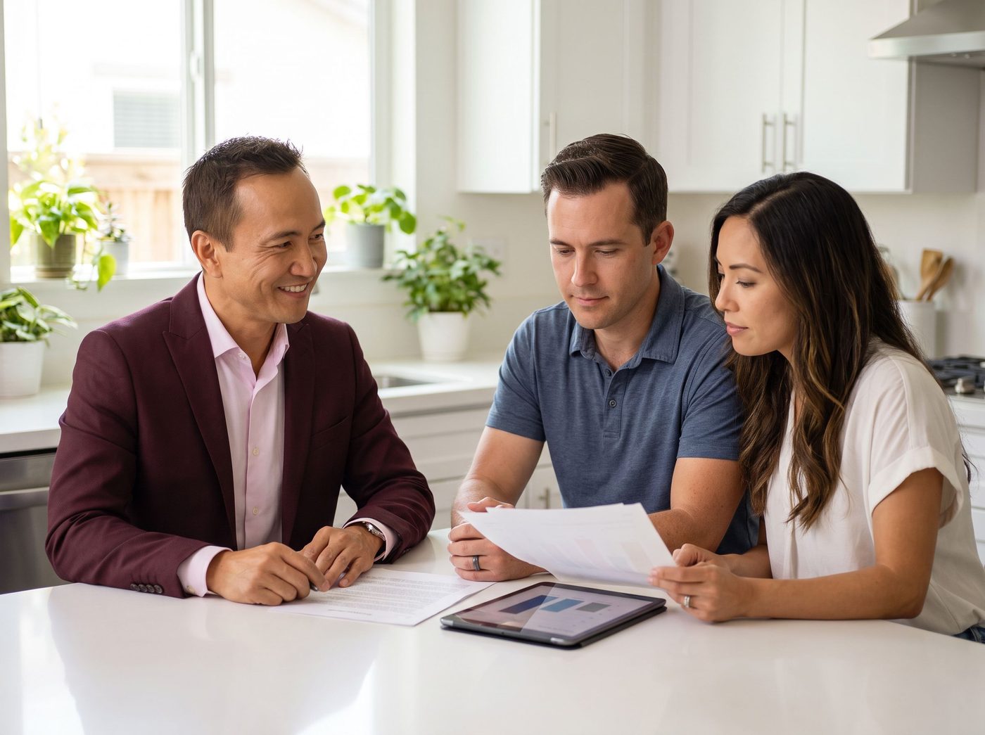 Kiri Suykry reviewing a neutral market analysis at a kitchen table with a couple